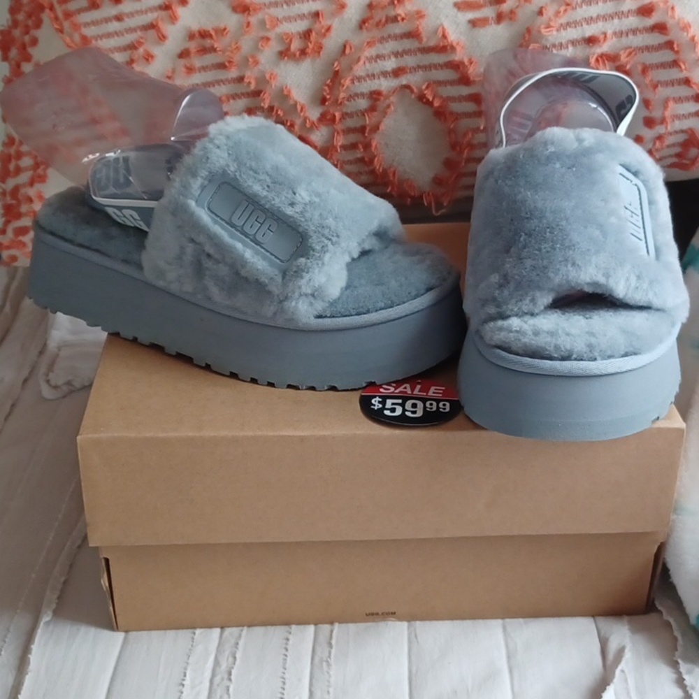 UGG Slate Gray Plush Platform Slippers